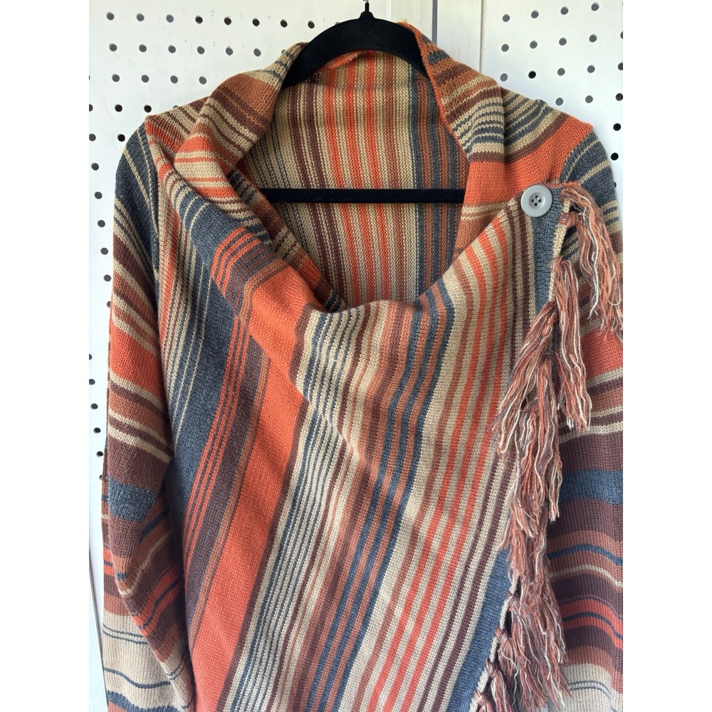 Style Dome M/L? Striped Shawl Sweater Fringe Tassels‎ Lagenlook Orange Cardigan - Picture 2 of 8